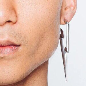 Rare-Romance Large Silver Lightening Bolt Bowie Potter Stainless Earrings